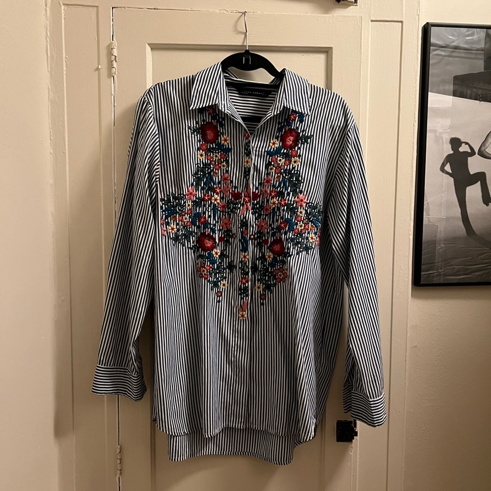 Striped Embroidered Oversized Button Up Shirt